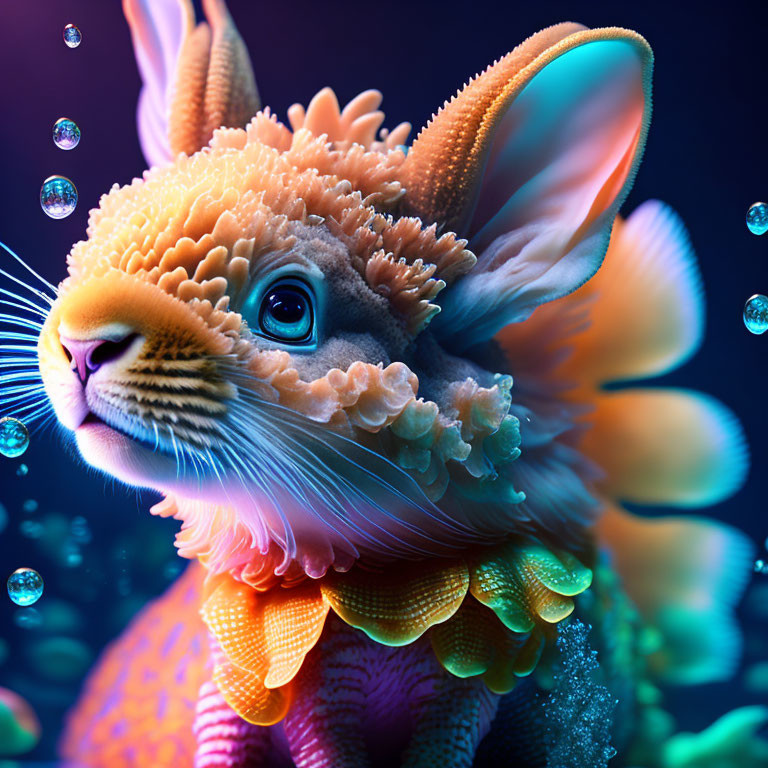 Rabbit-headed fish creature in bubbles on blue background