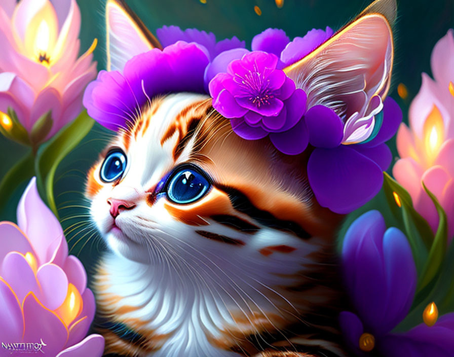 Whimsical kitten with blue eyes among purple flowers