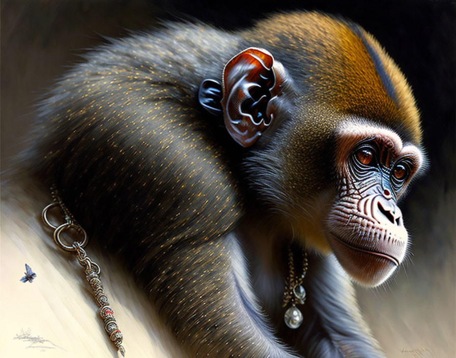 Detailed painting of a thoughtful monkey with brown and gray fur, earring, and pendant