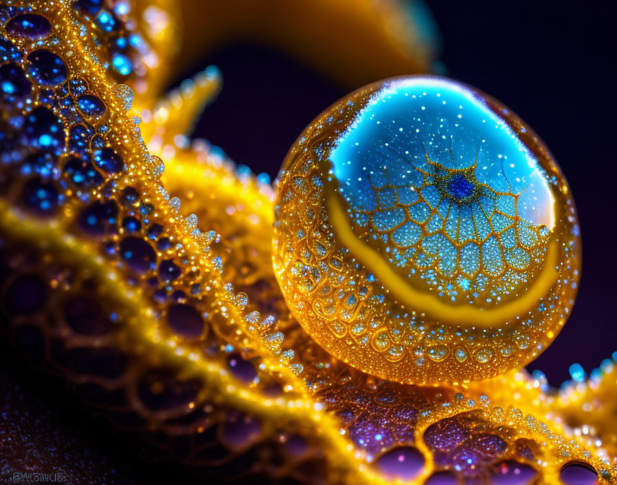 Macro photo of water droplet on spider web with intricate patterns and vibrant colors