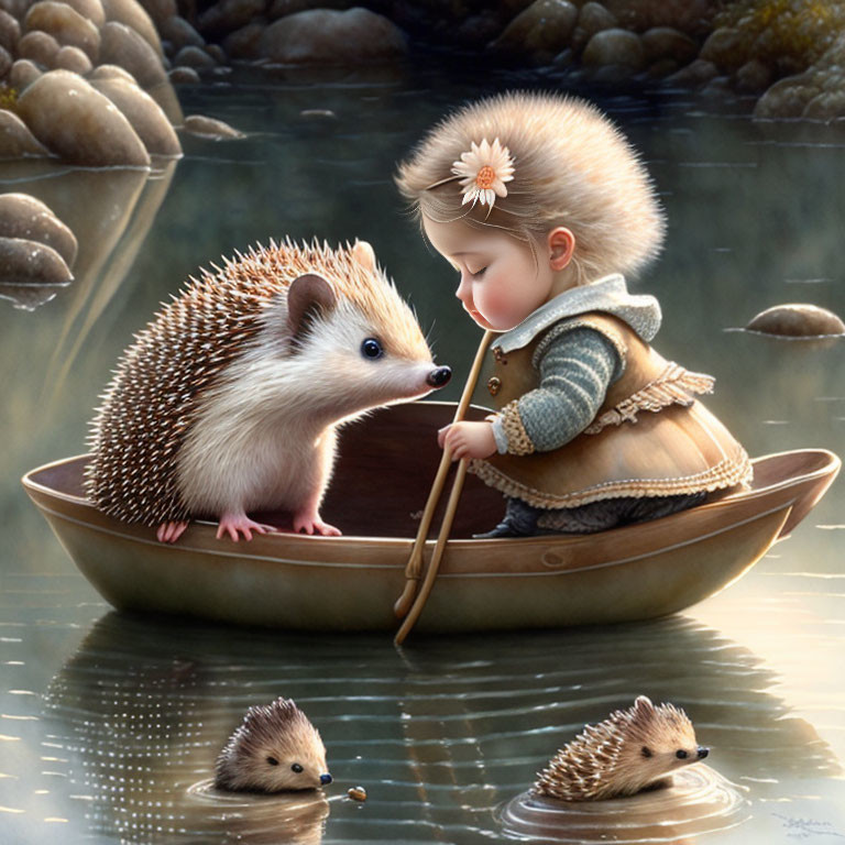 Girl in boat with hedgehog and swimming otters on rocky stream background