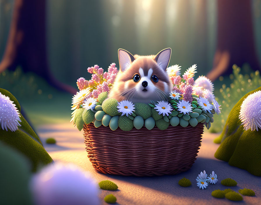 Fluffy Brown and White Cartoon Corgi in Forest Basket