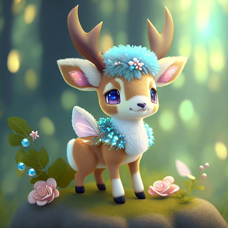 Fantasy fawn with sparkling eyes, antlers, wings, and floral details in glowing forest.