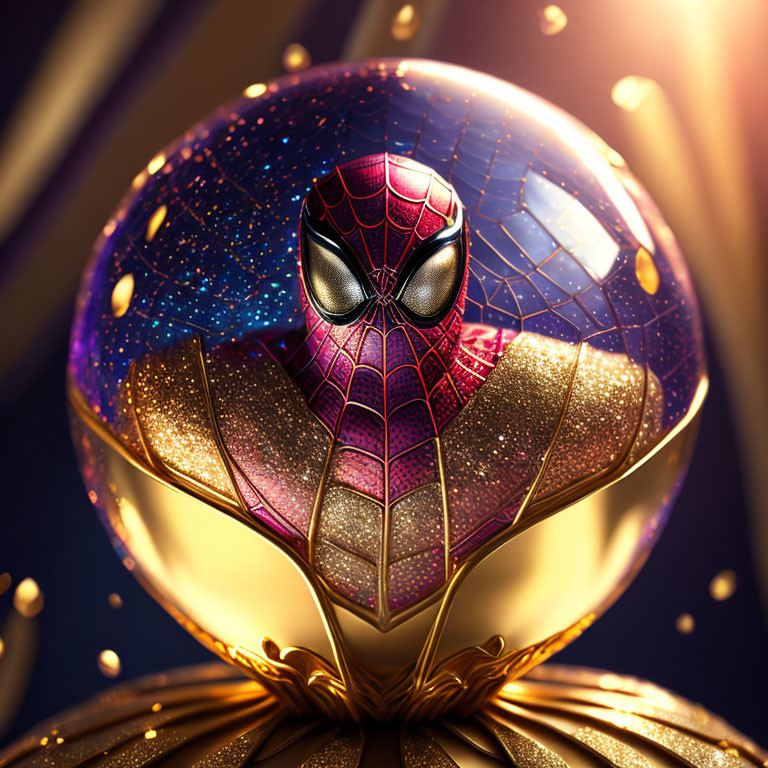 Detailed Spider-Man mask illustration with golden web pattern on cosmic background