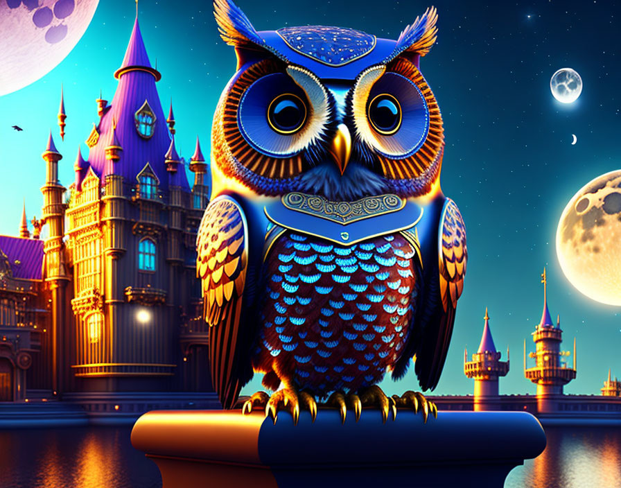 Vibrant blue owl with intricate patterns in front of whimsical castle under full moon