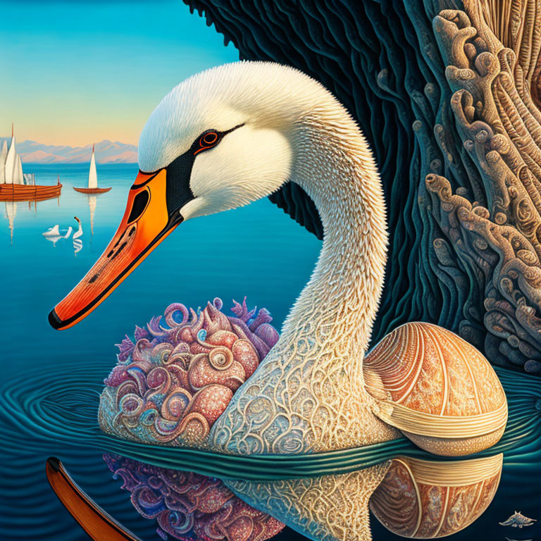 Surrealistic painting of swan blending into seashell landscape