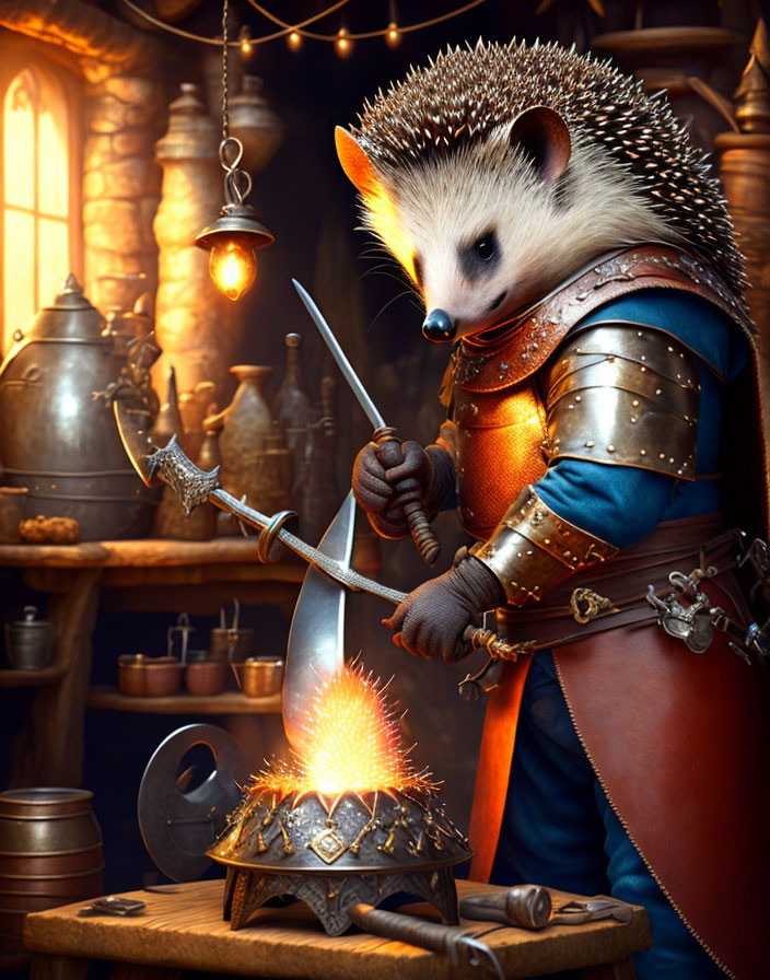 Anthropomorphic hedgehog blacksmith forging helmet in medieval armor.