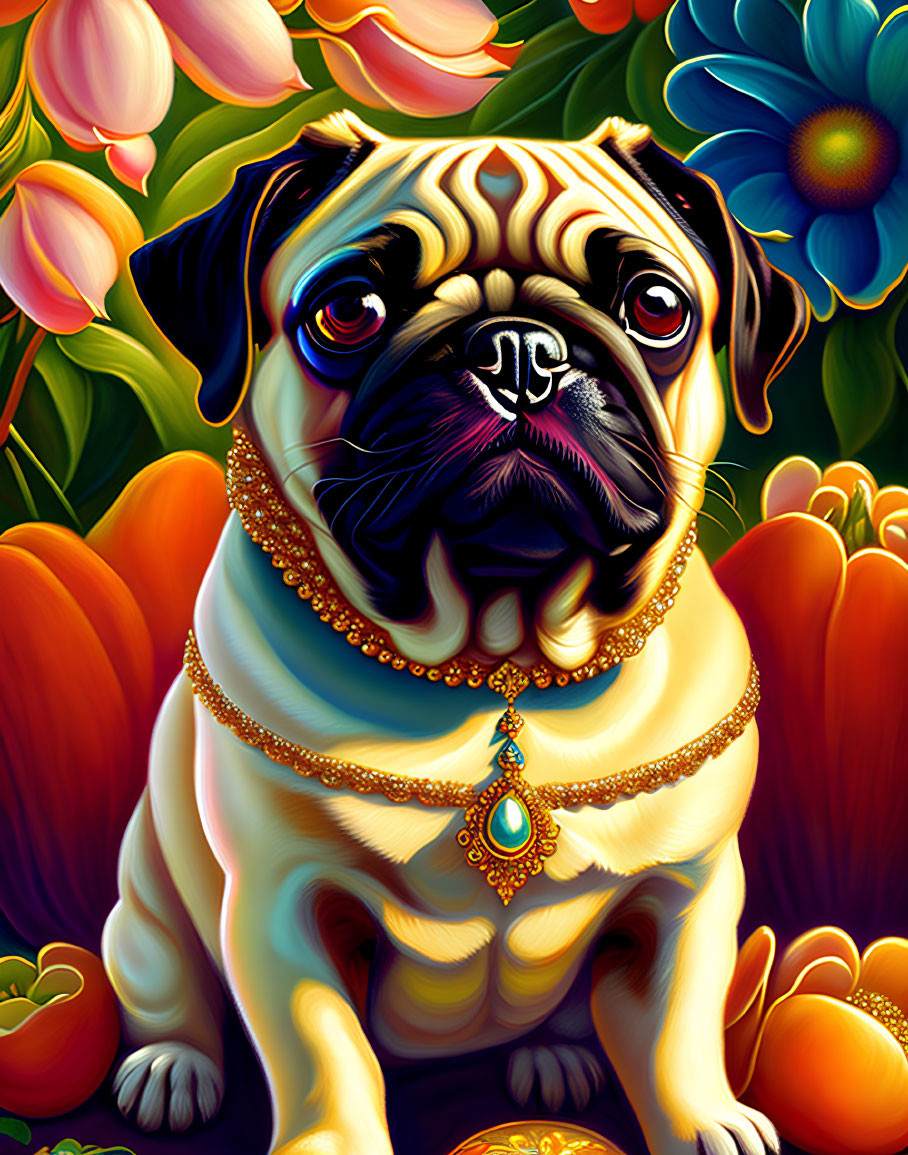 Colorful pug illustration with bejeweled necklace and vibrant flowers