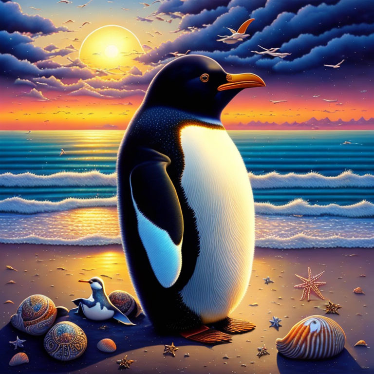 Giant penguin illustration on sunset beachscape with shells and starfish