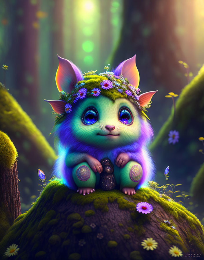 Whimsical green fur cat with blue eyes and floral crown on forest stump
