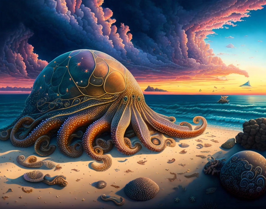 Large octopus with patterned skin on sandy beach at sunset with mystical sky and distant sailboat