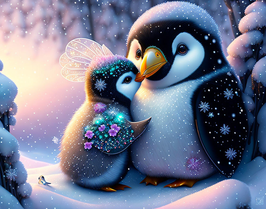 Illustrated penguins in wintry landscape with fairy wings