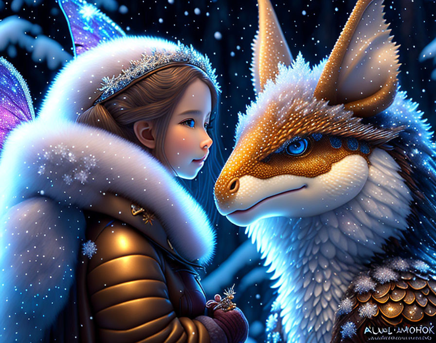 Girl in winter clothing near mythical snow creature under starry night sky