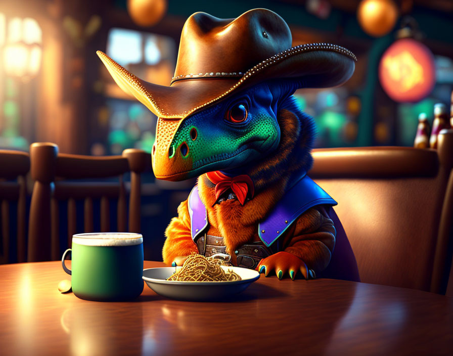 Cowboy Dinosaur Eating Spaghetti in Bar Setting