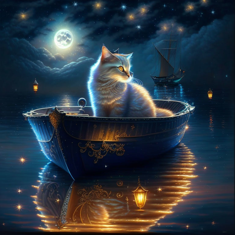 Cat in ornate boat under starry sky with full moon and calm waters.