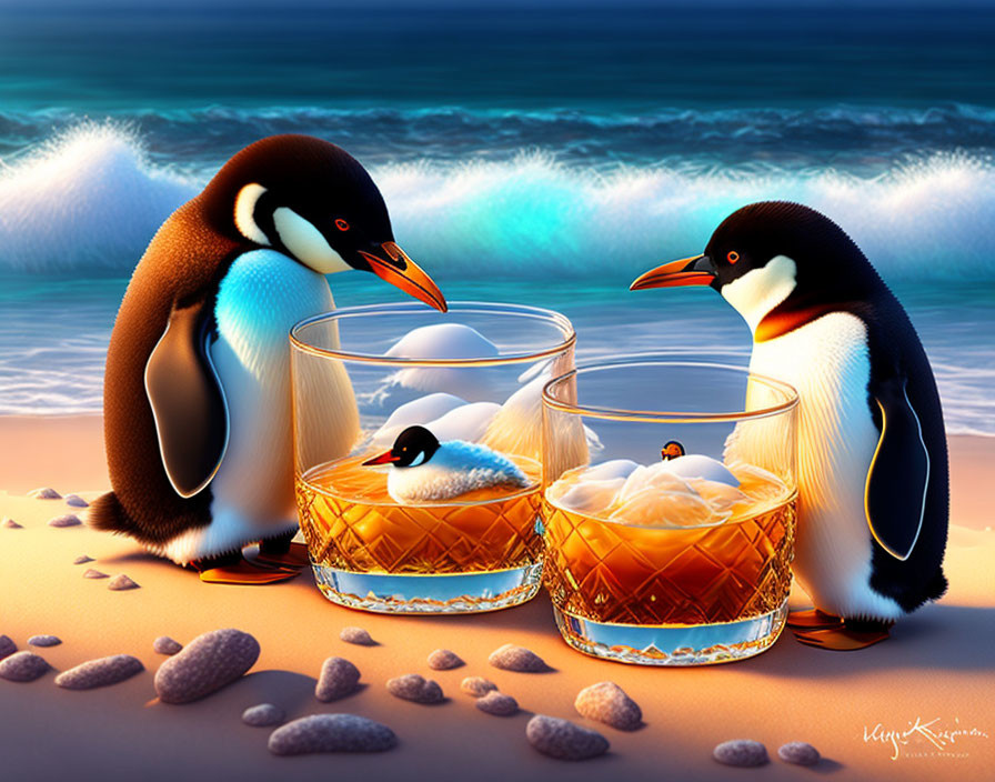 Penguins with Miniature Versions by Whiskey Glasses on Sunset Beach