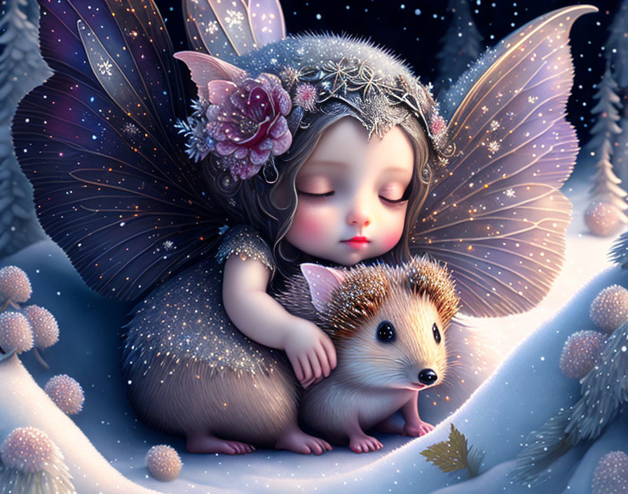 Fantasy illustration of sleeping child with fairy wings and hedgehog in snowy, starlit scene.