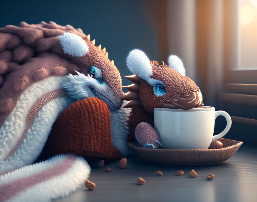 Anthropomorphic armadillos in cozy setting with coffee and blanket