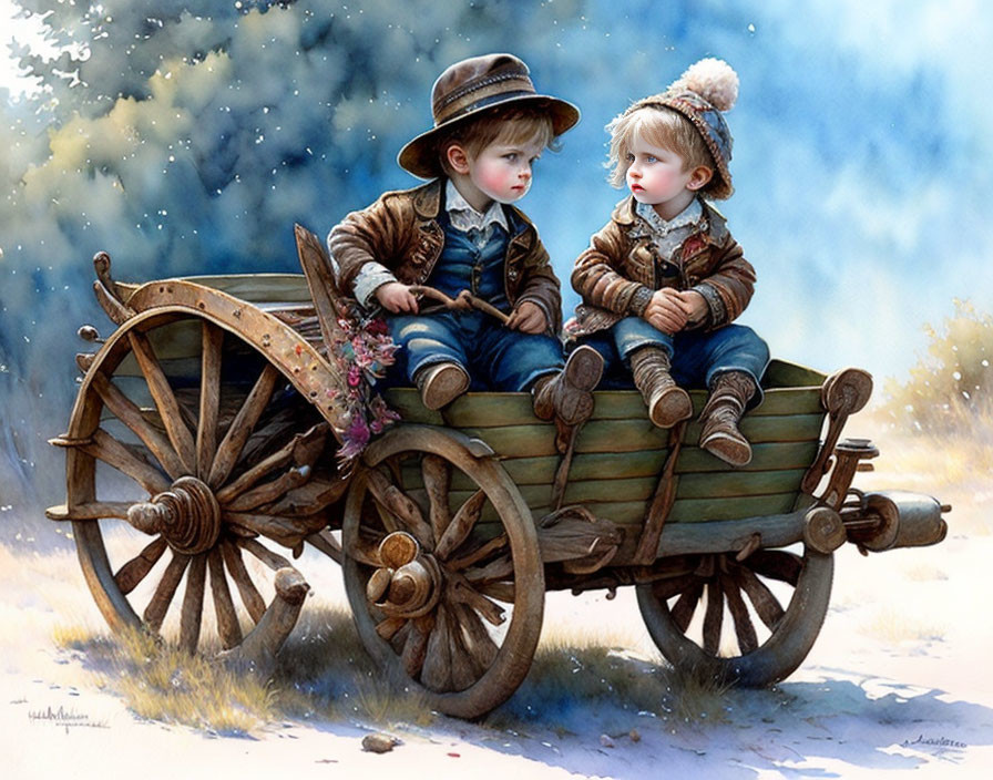 Vintage Attired Children in Wooden Cart Surrounded by Nature