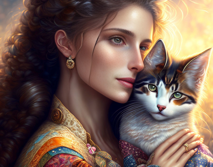 Curly-haired woman in ornate clothing holding colorful cat with engaging eyes