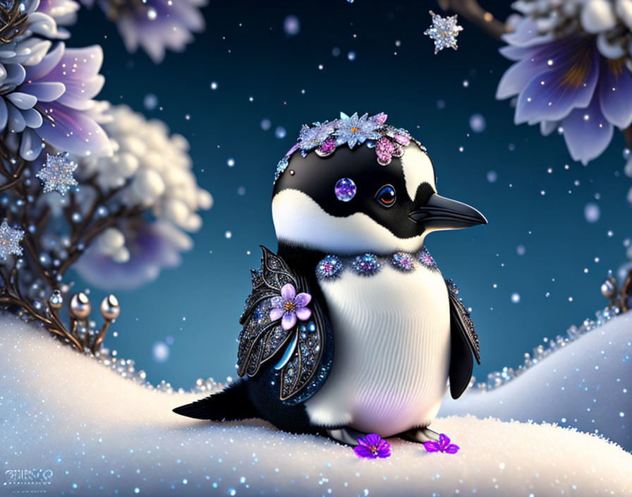 Penguin illustration with crystal and floral designs in winter setting