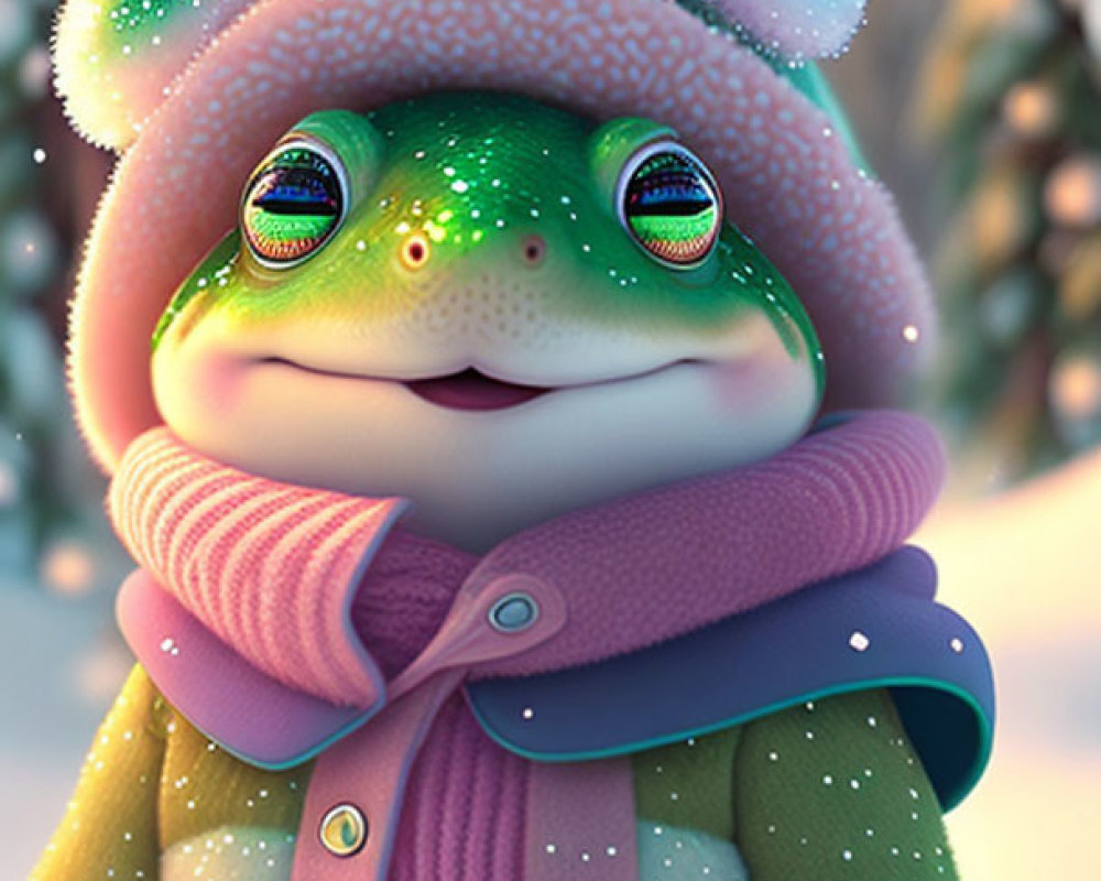 Animated Frog in Winter Outfit Among Snowflakes