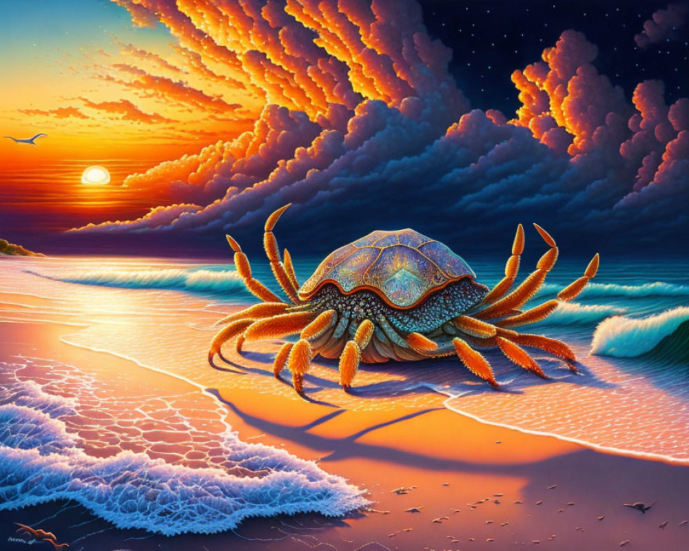 Vibrant crab on beach at sunset with dramatic sky and tranquil sea