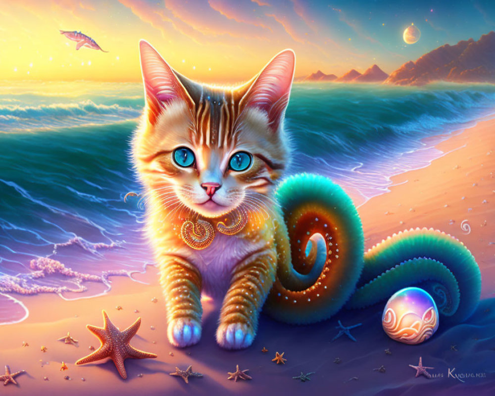 Illustration of patterned fur kitten on beach at sunset