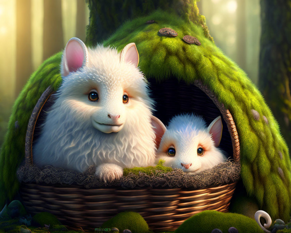 Fluffy Fantasy Creatures with Big Ears and Eyes in Moss-Covered Basket