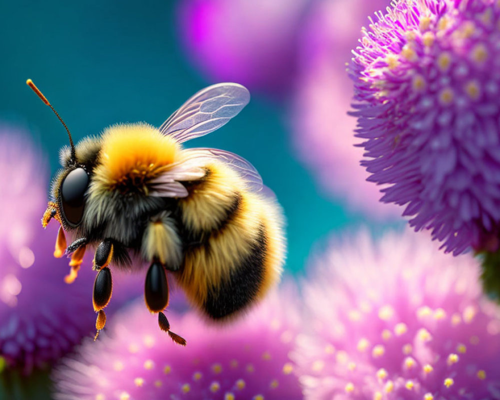 Bumblebee with pollen baskets near pink flowers on teal background