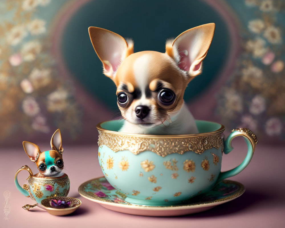 Stylized Chihuahuas in Teacup and Teapot on Floral Background