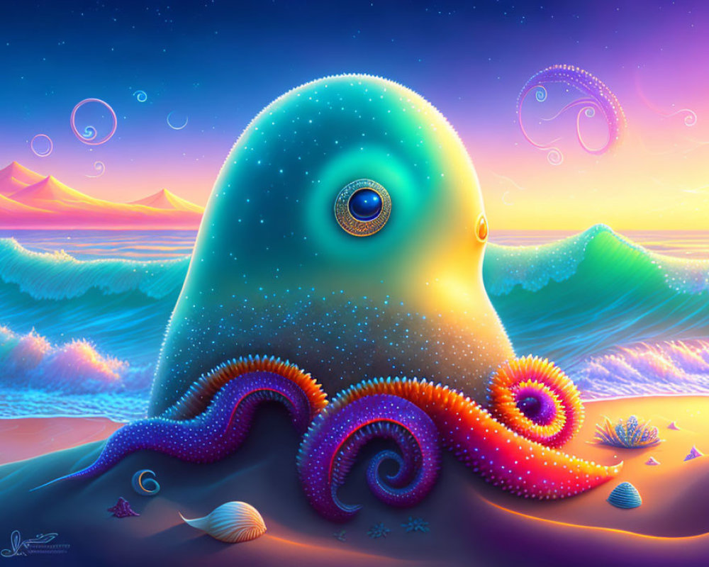 Colorful surreal octopus illustration in whimsical ocean landscape