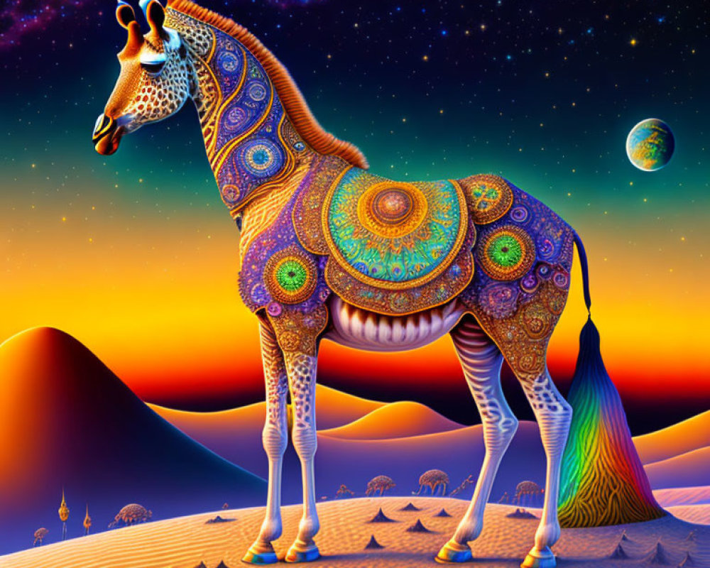 Colorful surreal illustration of patterned giraffe with sand dunes, starry night sky, and