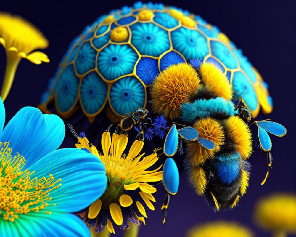 Digitally enhanced image of a bee collecting nectar from patterned flowers