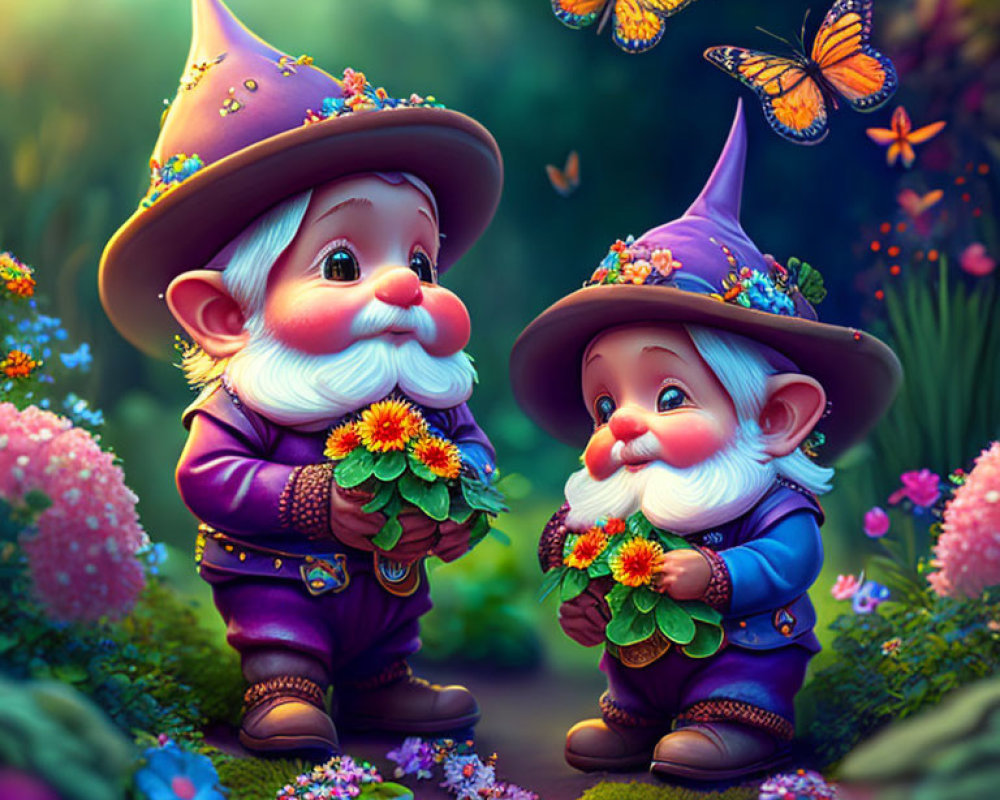 Animated gnomes in purple outfits exchange flowers in an enchanting forest.