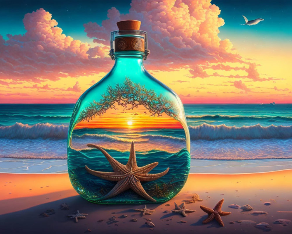 Colorful painting of bottle on beach with seascape and tree under sunset sky