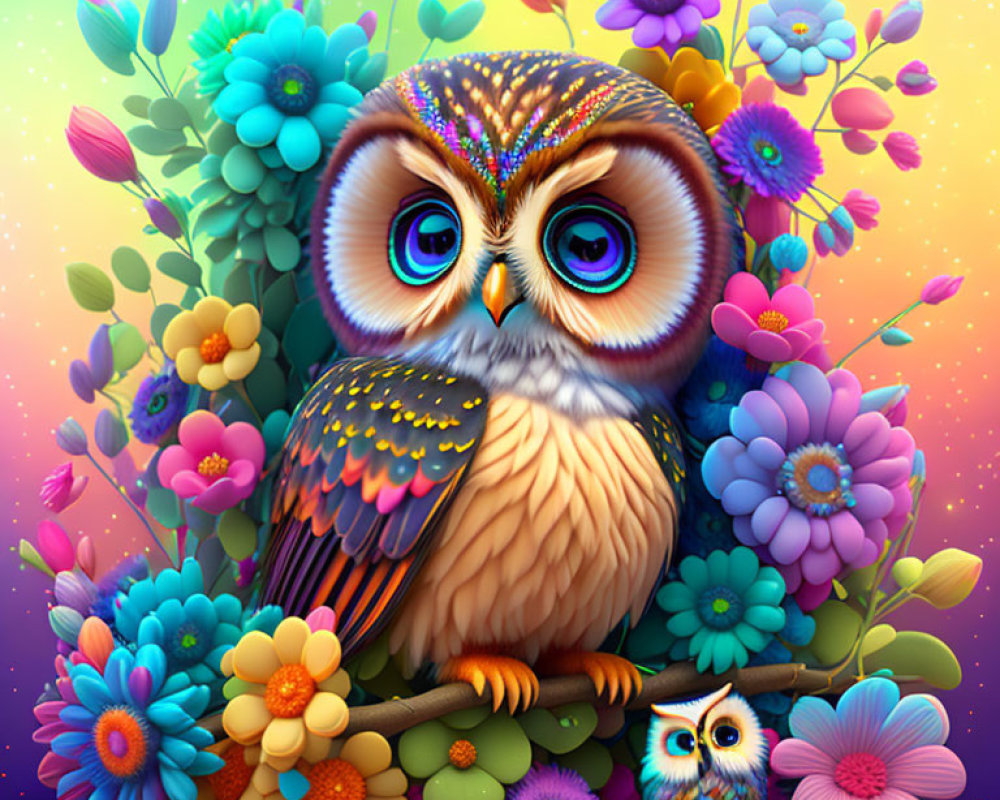 Colorful digital artwork: Two stylized owls with whimsical flowers