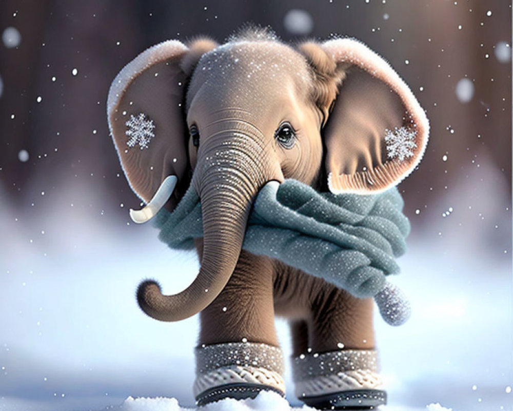 Adorable baby elephant in scarf and snow boots in snowfall