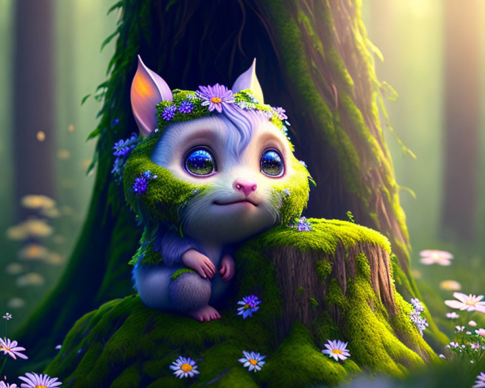 Whimsical creature with large eyes and cat-like ears in magical forest