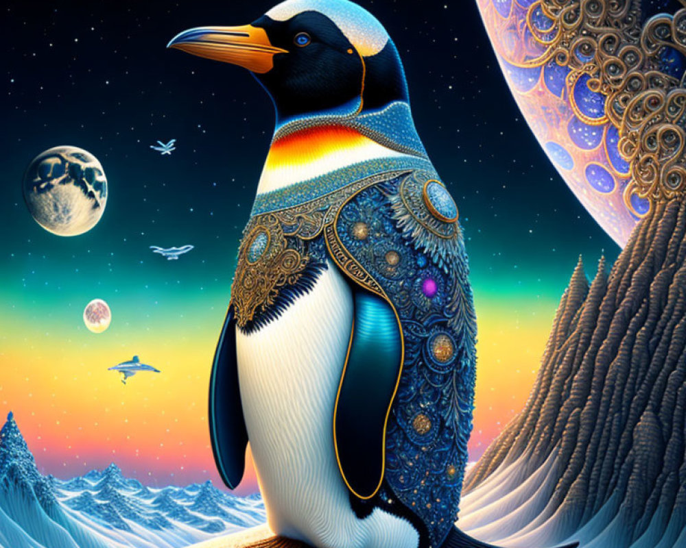 Colorful Ornate Penguin in Fantastical Landscape with Mountains and Moons