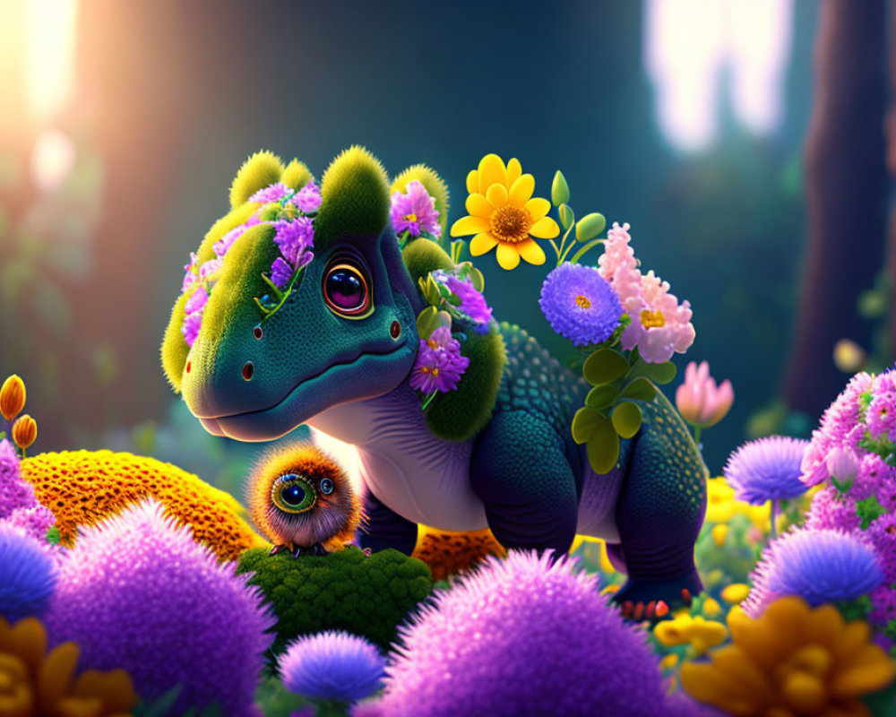 Whimsical dinosaur creature with flower-filled forest and cute owl