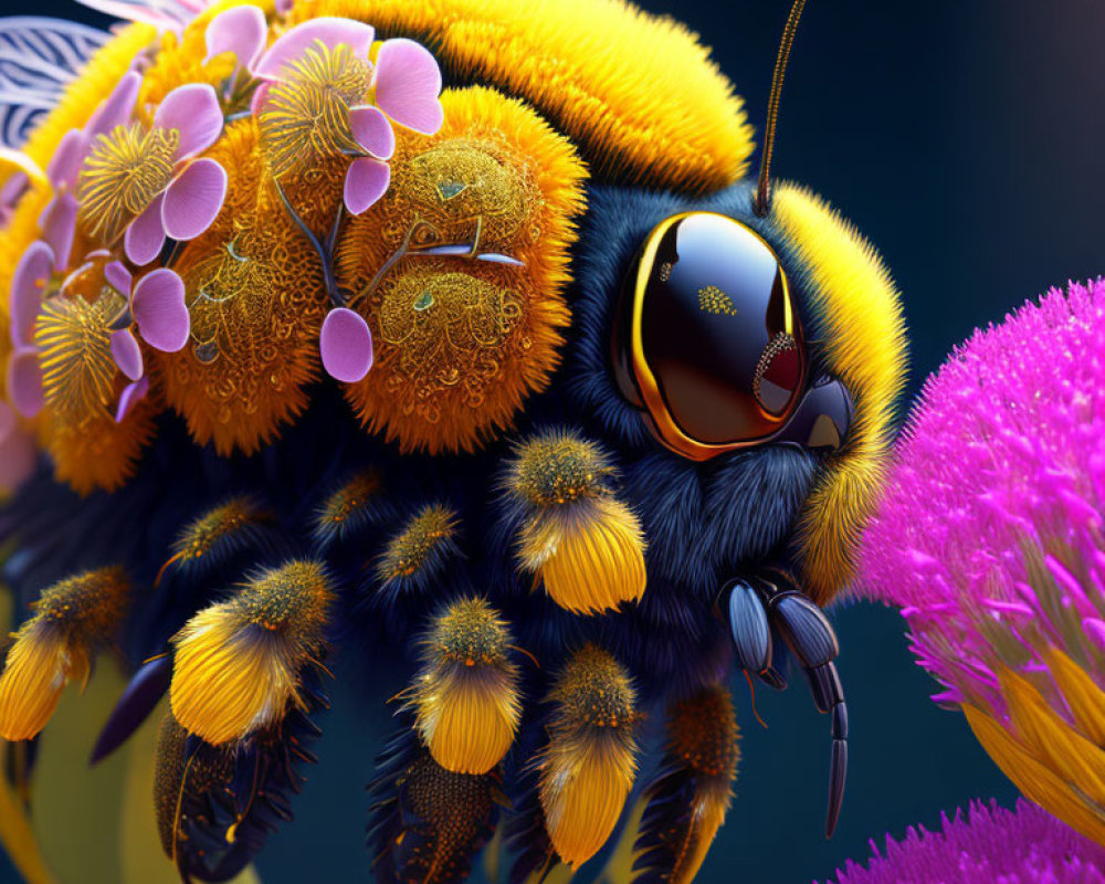 Detailed Illustration: Bee Pollinating Colorful Flowers