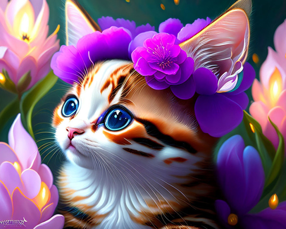 Whimsical kitten with blue eyes among purple flowers
