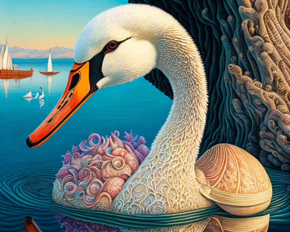 Surrealistic painting of swan blending into seashell landscape