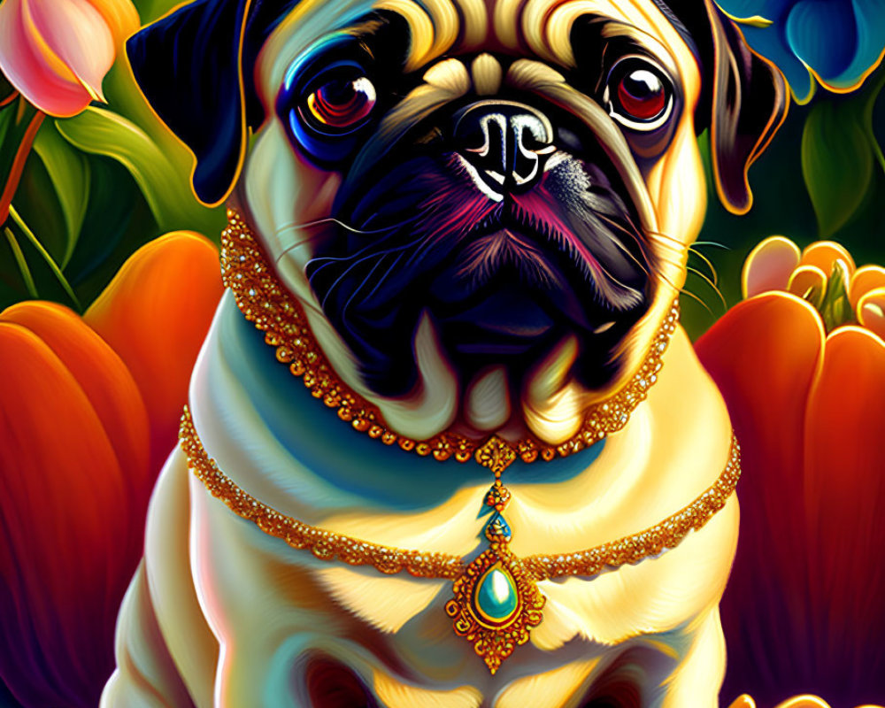 Colorful pug illustration with bejeweled necklace and vibrant flowers