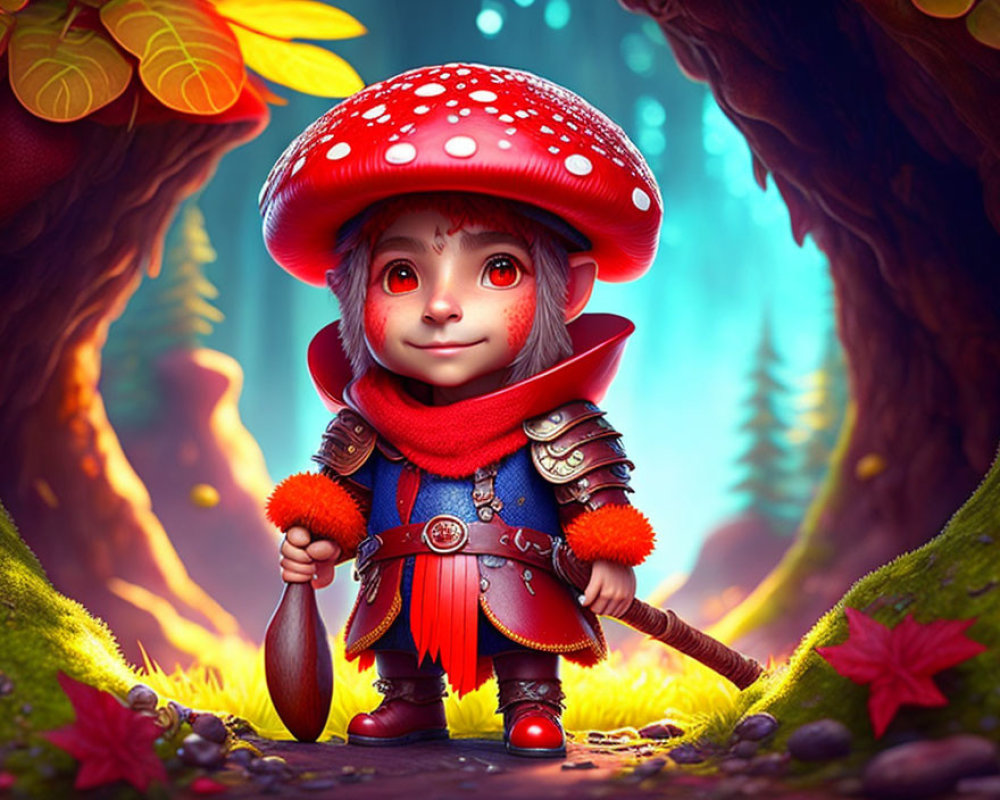 Child warrior with red mushroom cap in vibrant forest