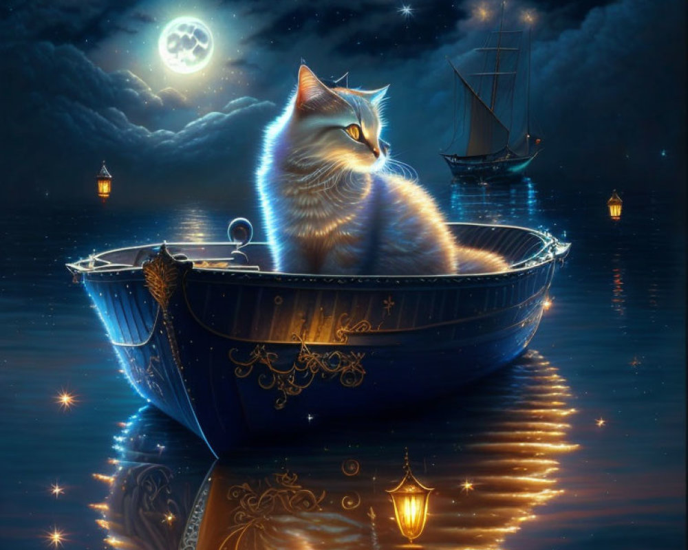 Cat in ornate boat under starry sky with full moon and calm waters.