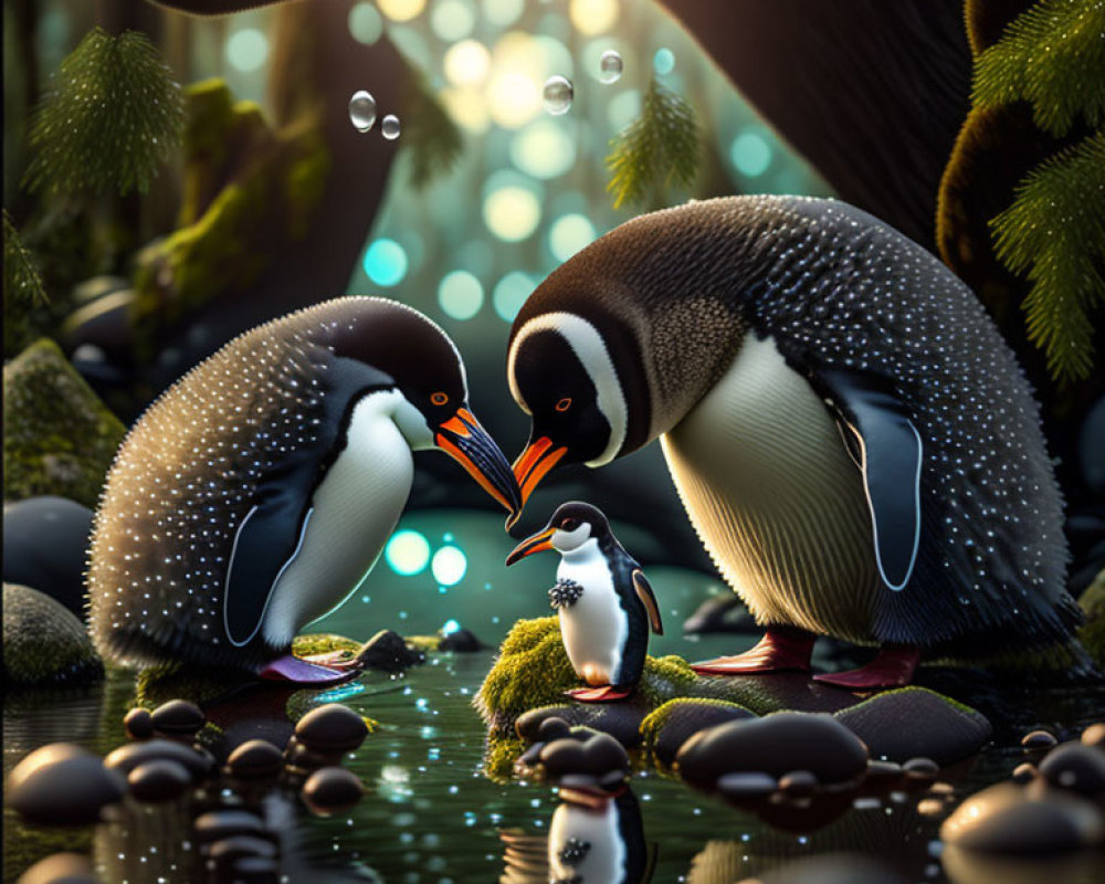 Adult penguins with chick in mystical forest with glowing bubbles