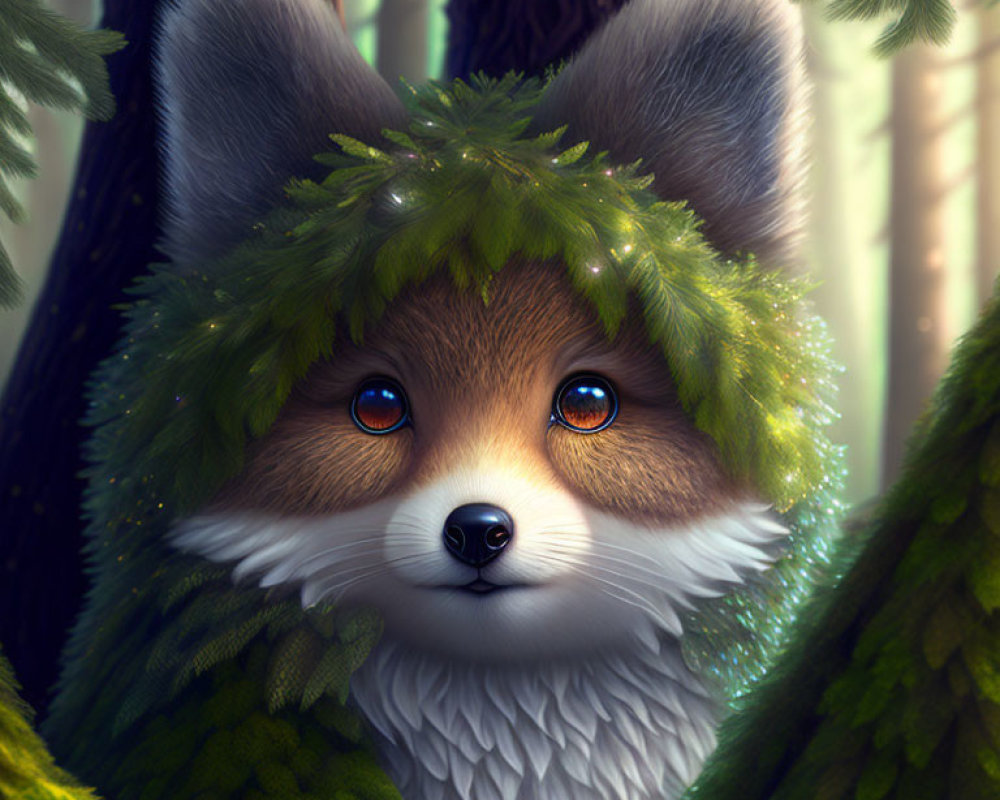 Illustration of fox with blue eyes in lush forest setting