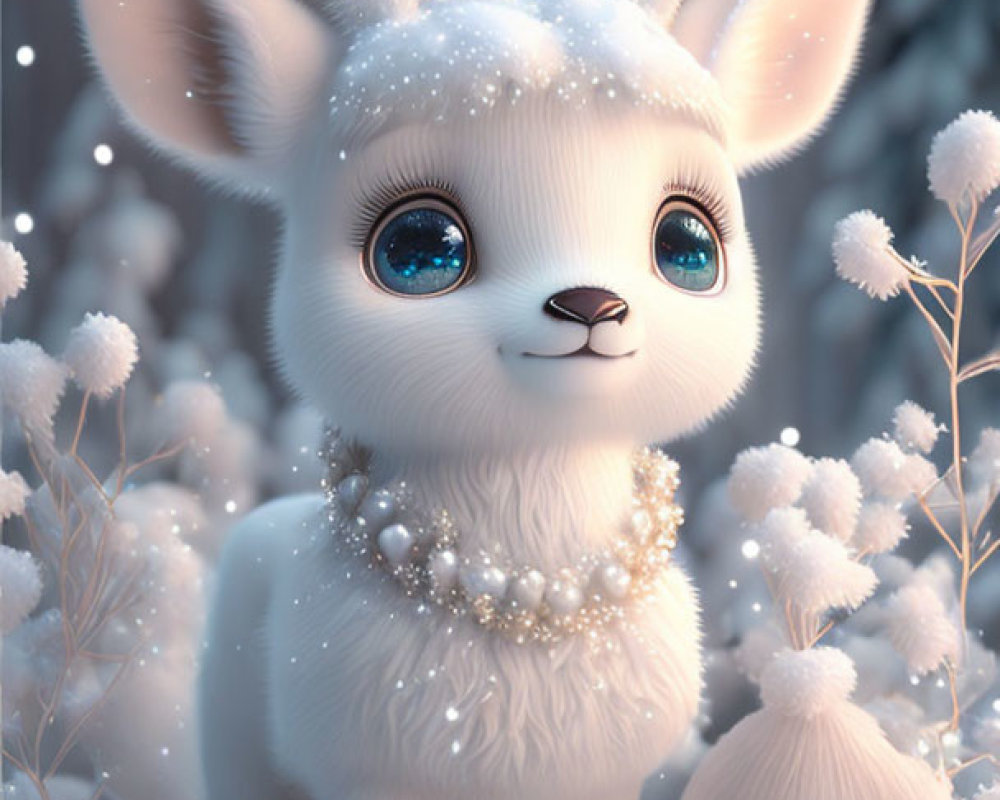 Snow-White Fawn with Blue Eyes and Pearls in Snowy Flora